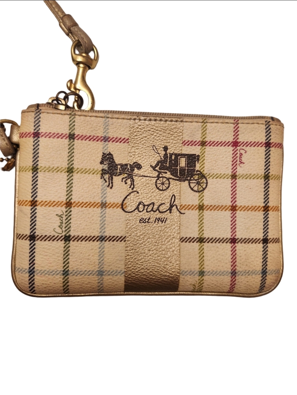 COACH Peyton Tattersall Plaid Wristlet Gold Metallic Trim Classic Horse Carriage